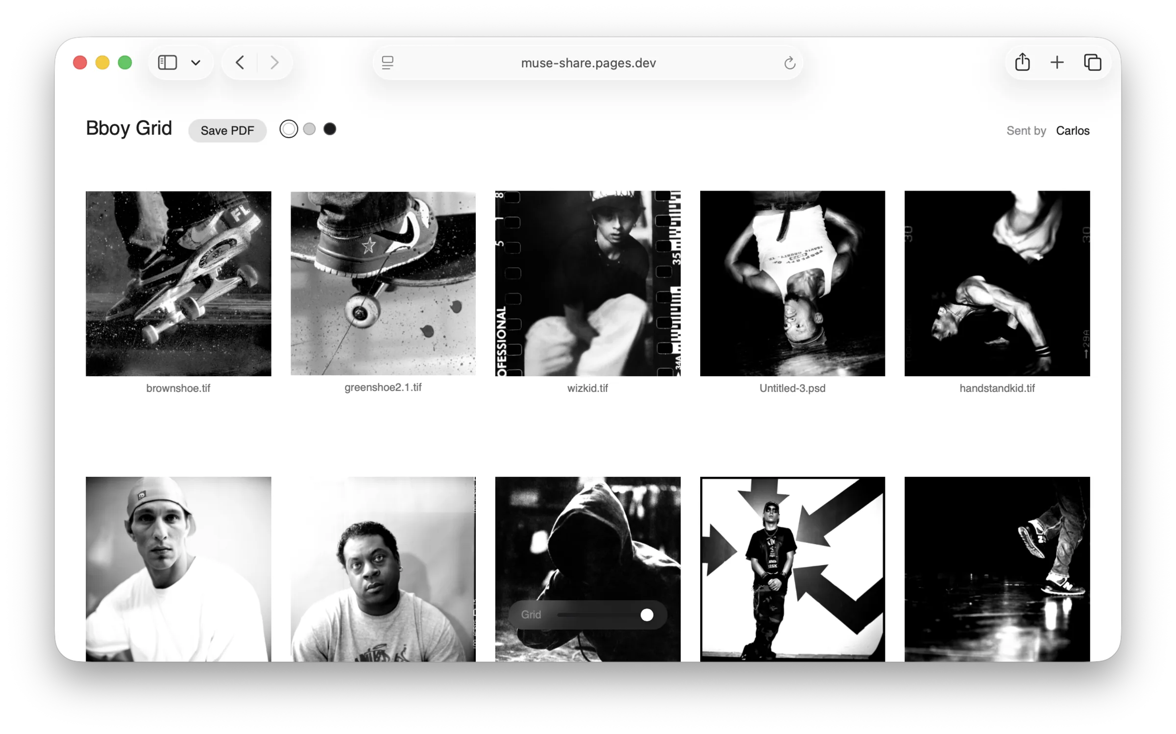 A published Muse collection open in a browser — a grid of photographs with their filenames, a Save PDF button, and a background color switcher.